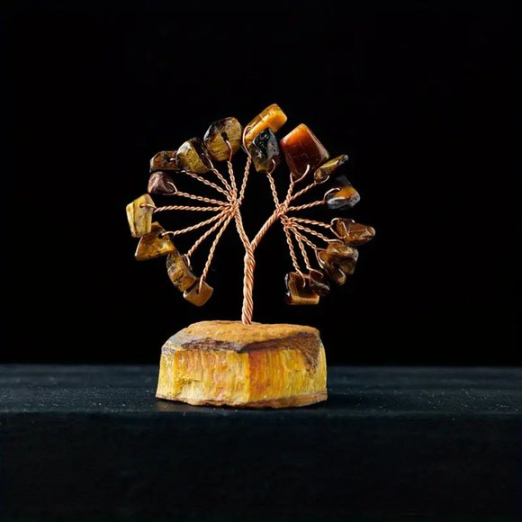 Tiger Eye Natural Gemstone Lucky Tree of Life Raw Stone Base Decor Mini Sized - Picture 2 of 2